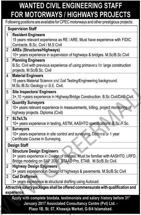 Jobs in CPEC 17 Jan 2017 for Highways and Motorways Project Latest job advertisement