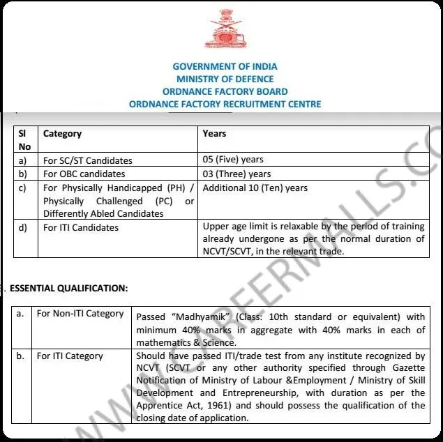 Recruitment in Ordnance Factory Board 24 January 2017