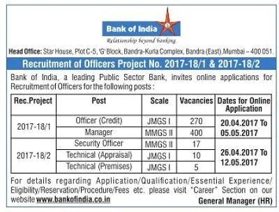 jobs in bank of India April 2017 BOI Jobs