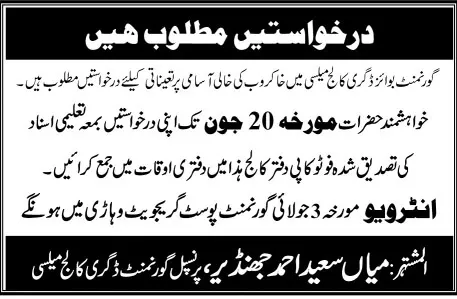 New Jobs In Govt Boys Degree College Mailsi