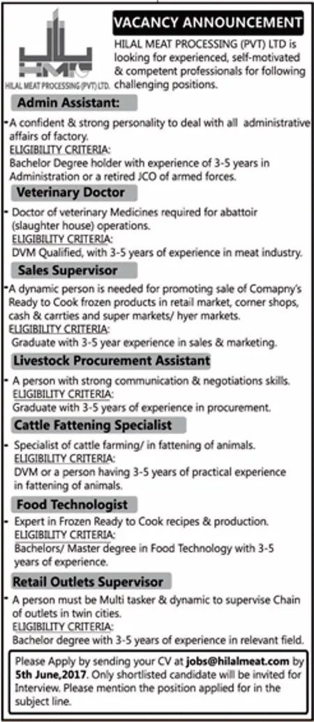 New Jobs In Hilal Meat Processing Pvt Limited